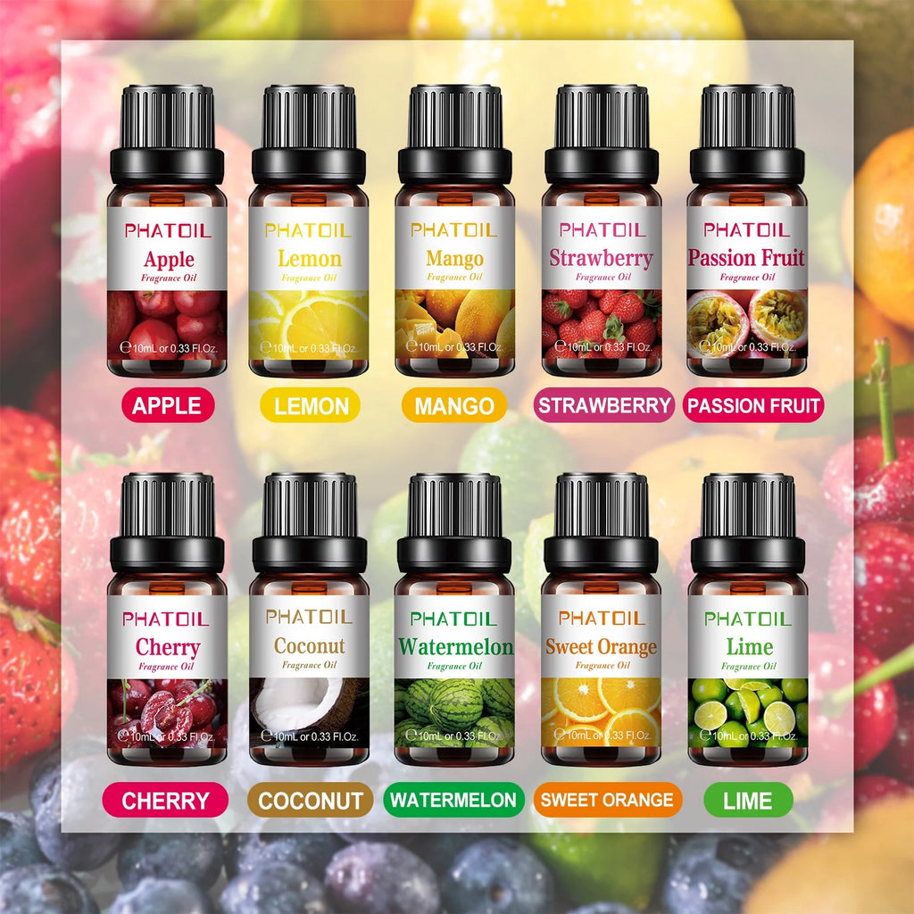 10PCS Fragrance Oil Set, Apple, Mango, Watermelon, Cherry, Coconut Candle Scents for Candle Making, Freshie Scents, Soap Making Supplies, Diffuser Oil Scents