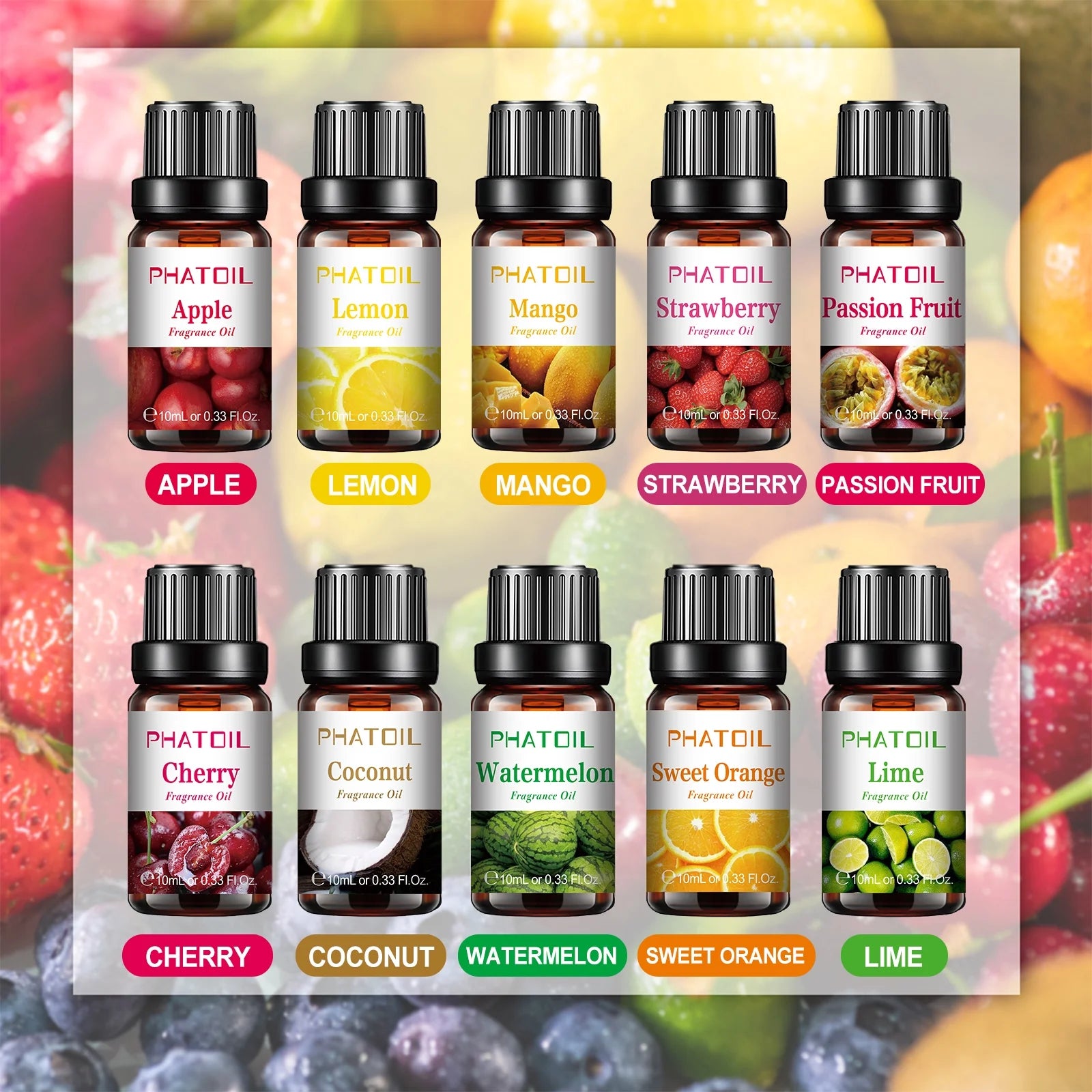 10PCS Fragrance Oil Set, Apple, Mango, Watermelon, Cherry, Coconut Candle Scents for Candle Making, Freshie Scents, Soap Making Supplies, Diffuser Oil Scents