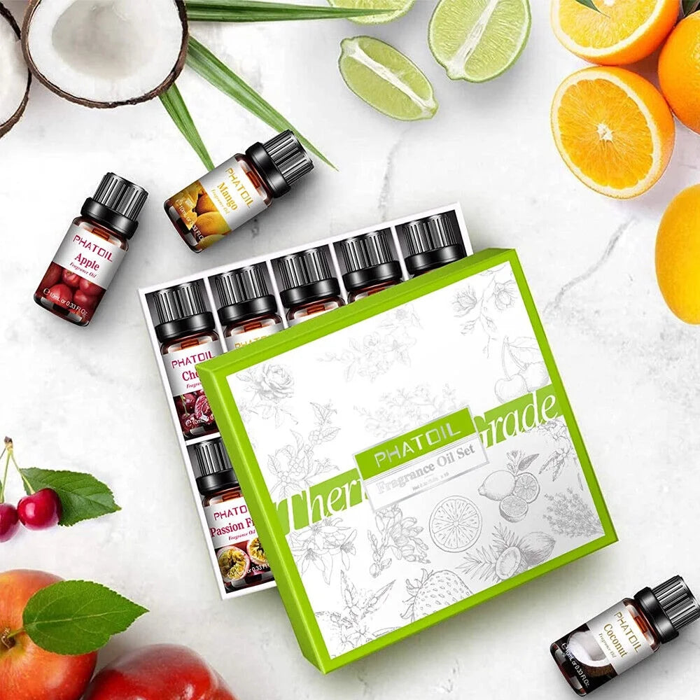 10PCS Fragrance Oil Set, Apple, Mango, Watermelon, Cherry, Coconut Candle Scents for Candle Making, Freshie Scents, Soap Making Supplies, Diffuser Oil Scents