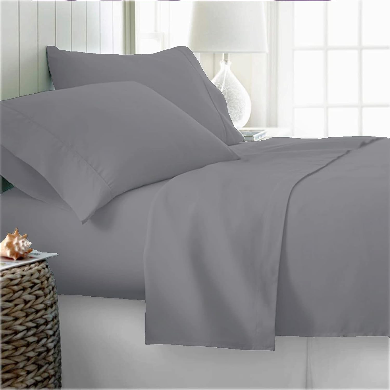 King Fitted Bed Sheets, Pillow Cover Set 100% Organic Cotton 300 TC Fits Mattress Upto 17 Inches Pocket Hotel Quality Luxury Soft Bedding Sheets, Pillowcases 4 PC Sateen Weave Lt Grey