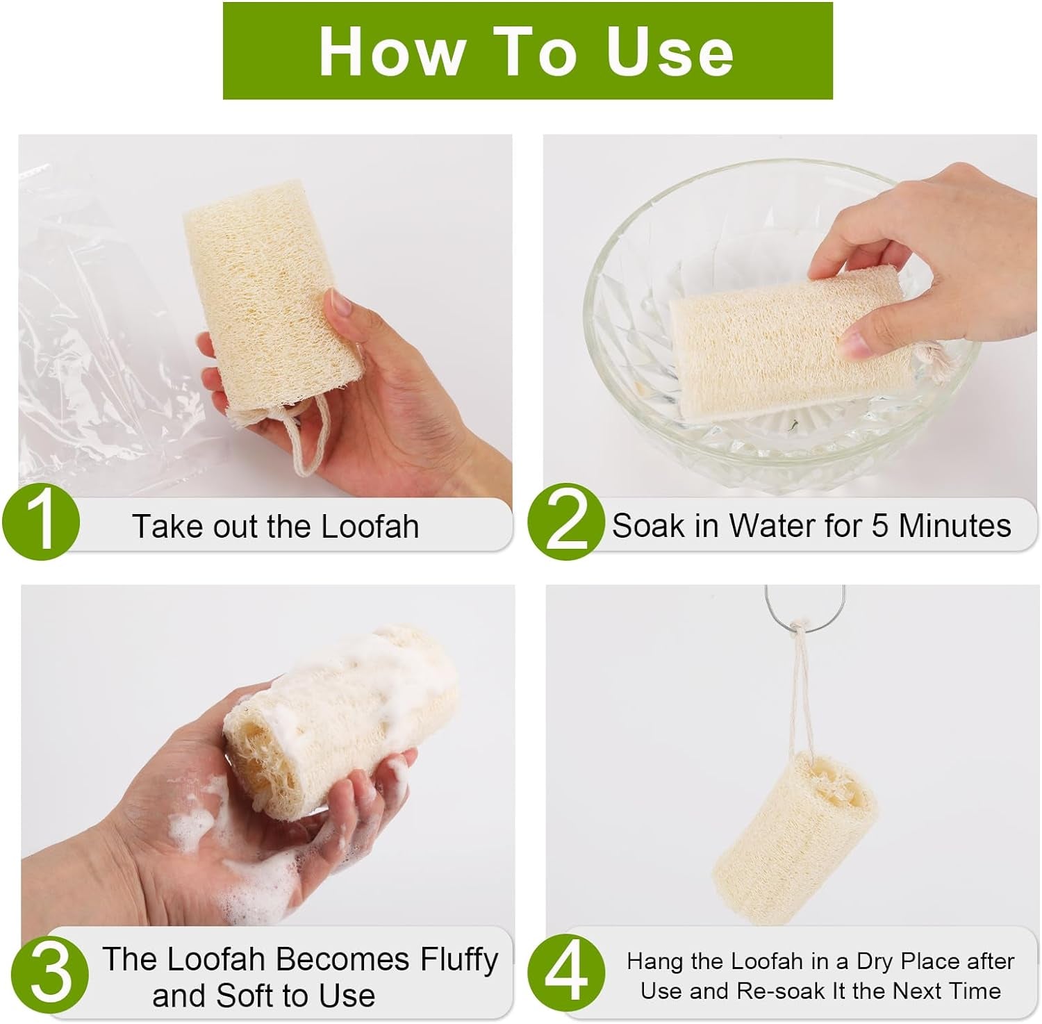 6 Pack Natural Loofah Sponge,Organic Loofah Sponge Organic Luffa Organic Sponge Bath for Shower Scrubbing and Kitchen Cleaning, White