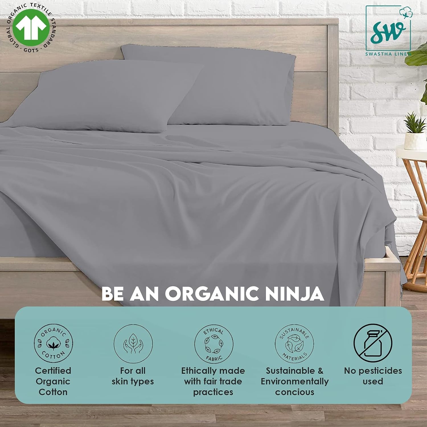 King Fitted Bed Sheets, Pillow Cover Set 100% Organic Cotton 300 TC Fits Mattress Upto 17 Inches Pocket Hotel Quality Luxury Soft Bedding Sheets, Pillowcases 4 PC Sateen Weave Lt Grey